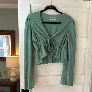 Urban Outfitters Green Tie Front Ribbed Blouse